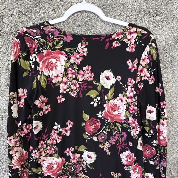 Karen Kane Black Floral Dress Long Sleeve Medium Scoop Neck Pink Purple Flowers - Picture 9 of 10